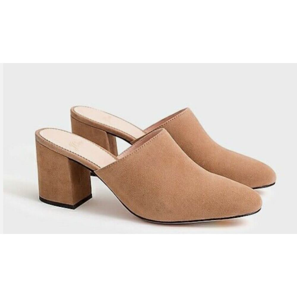J Crew Ashen Brown Suede High Block-Heel Mules Clogs Shoes Women's Sz 6
